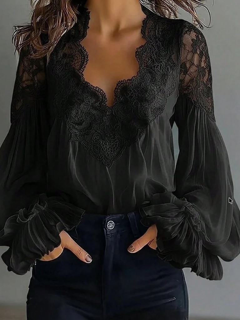 Boho Floral Lace V Neck Bishop Long Sleeve Blouse